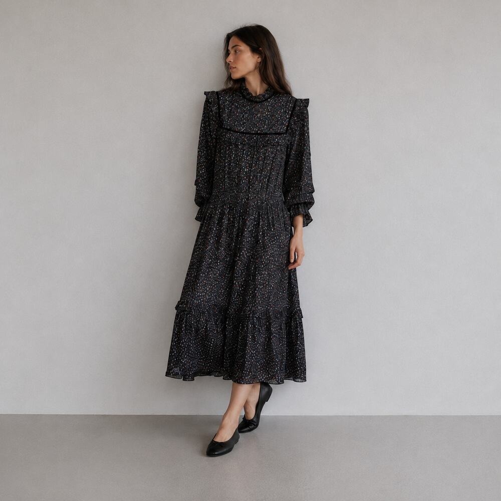 Dôen Doen Clay Midi Dress in Black Marfa Paisley Womens L Tiered Long Sleeve NWT